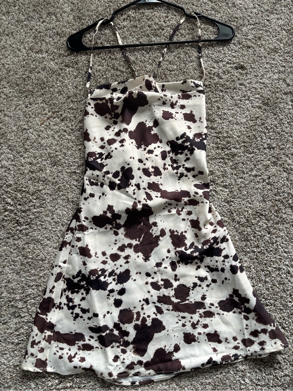 White & Brown Cow Print Mini Satin Dress